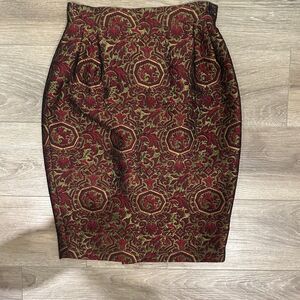 Vintage Italian Metallic Brocade Jacquard Pencil Skirt Gold Red Wool Blend Small